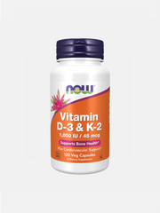 Vitamina D3 + K2, 1000IU / 45mcg - NOW Foods - 120 Cápsulas