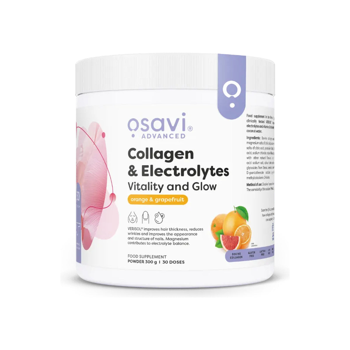 Colagénio & Eletrólitos Vitality and Glow Osavi 300g laranja e toranja – frente da embalagem