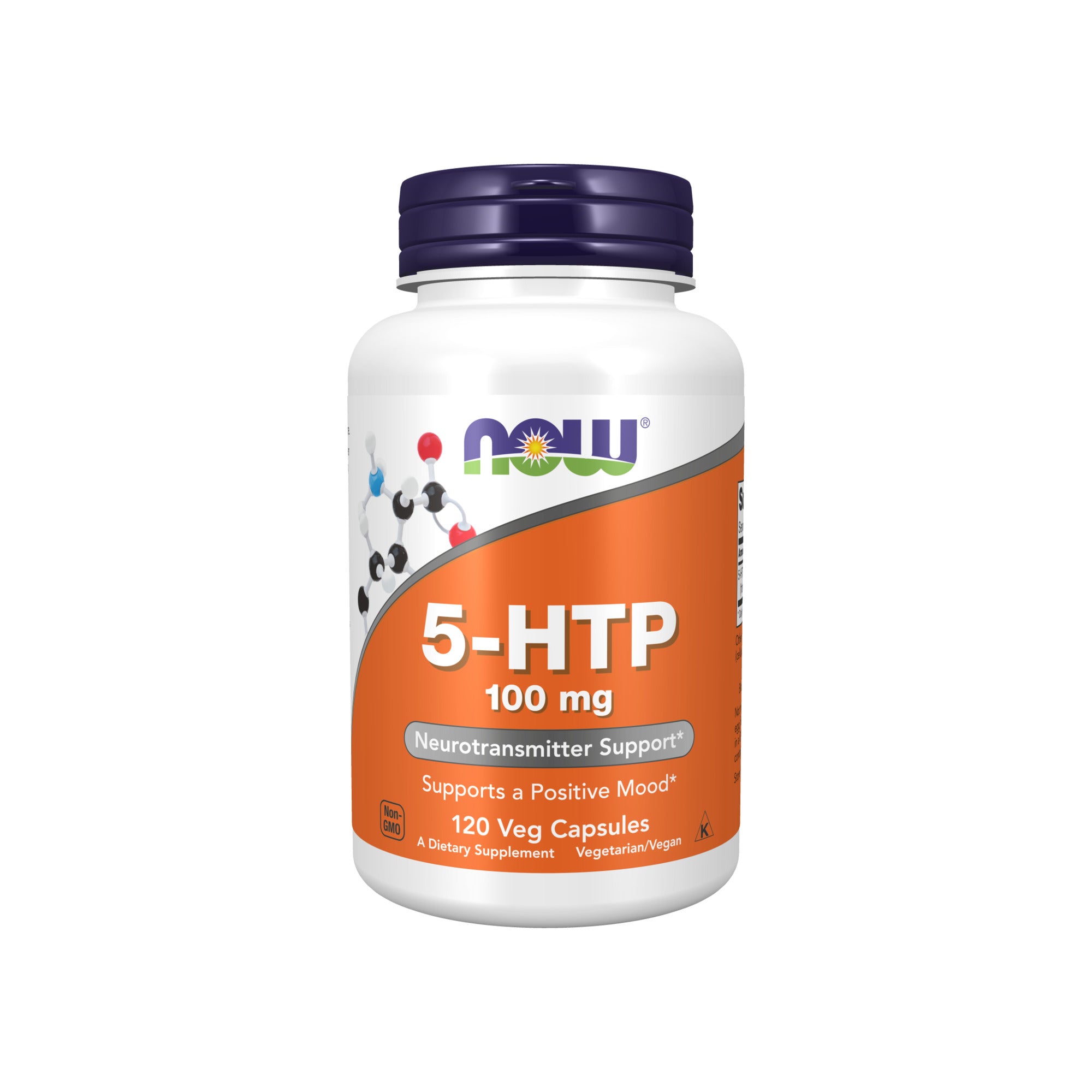 5-HTP 100mg NOW Foods 120 cápsulas vegetais – frente do frasco