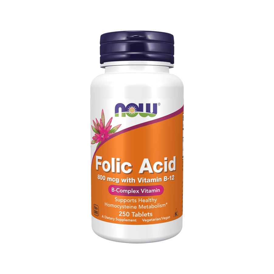 Ácido Folico 800mcg + B12 - 250 Comprimidos - NOW - Vitamina