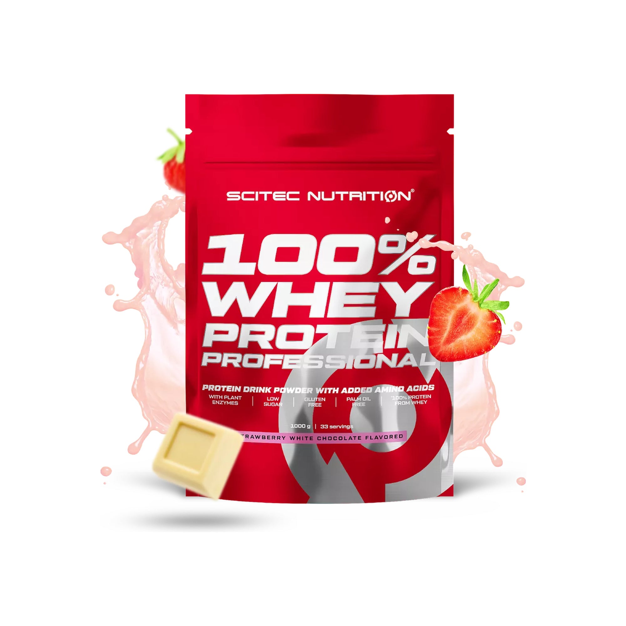 100% Whey Protein Professional Scitec Nutrition 1 kg Morango e Chocolate Branco – frente da embalagem