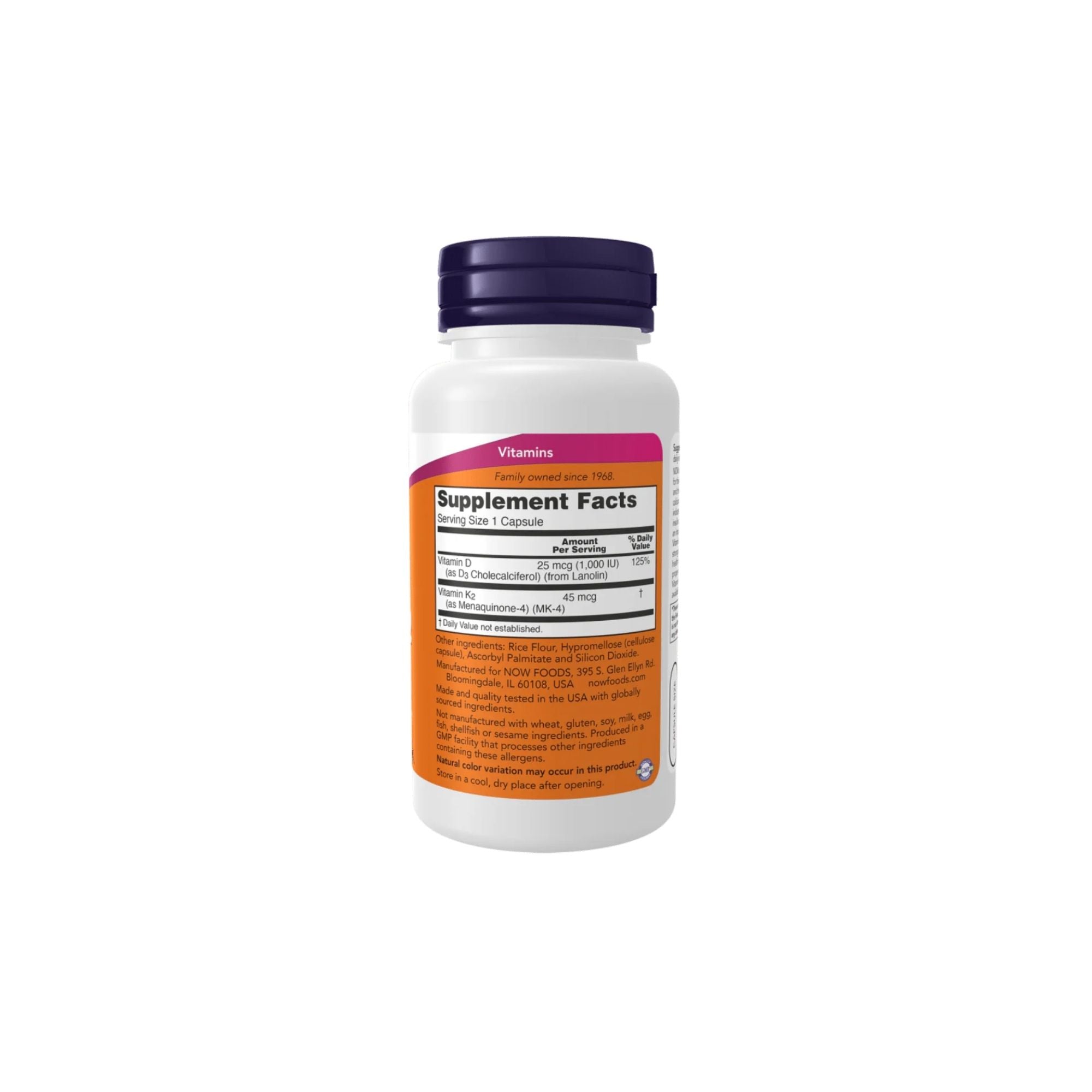 Vitamina D3 + K2, 1000 IU / 45 mcg – NOW Foods – 120 Cápsulas