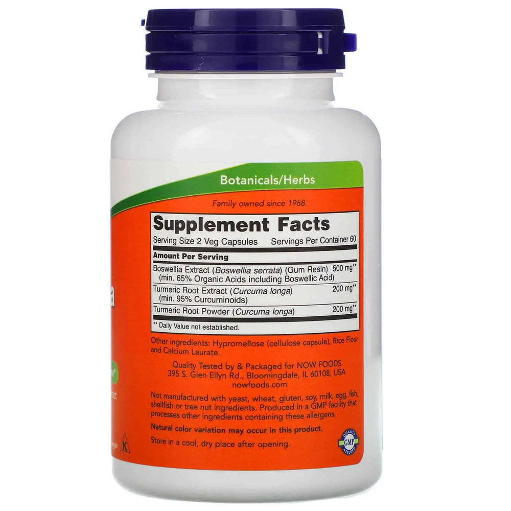 Boswellia Extract Plus Turmeric Root Extract 250mg - NOW Foods - 120 Vcaps - Informação Nutricional