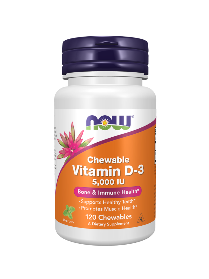 Vitamina D3 5000IU - 120 Pastilhas mastigáveis - NOW Foods